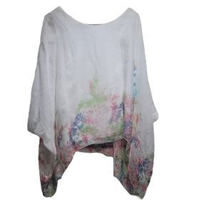 Elena Baldi Italy‎ White Watercolor Floral Border Print Oversized Top Small